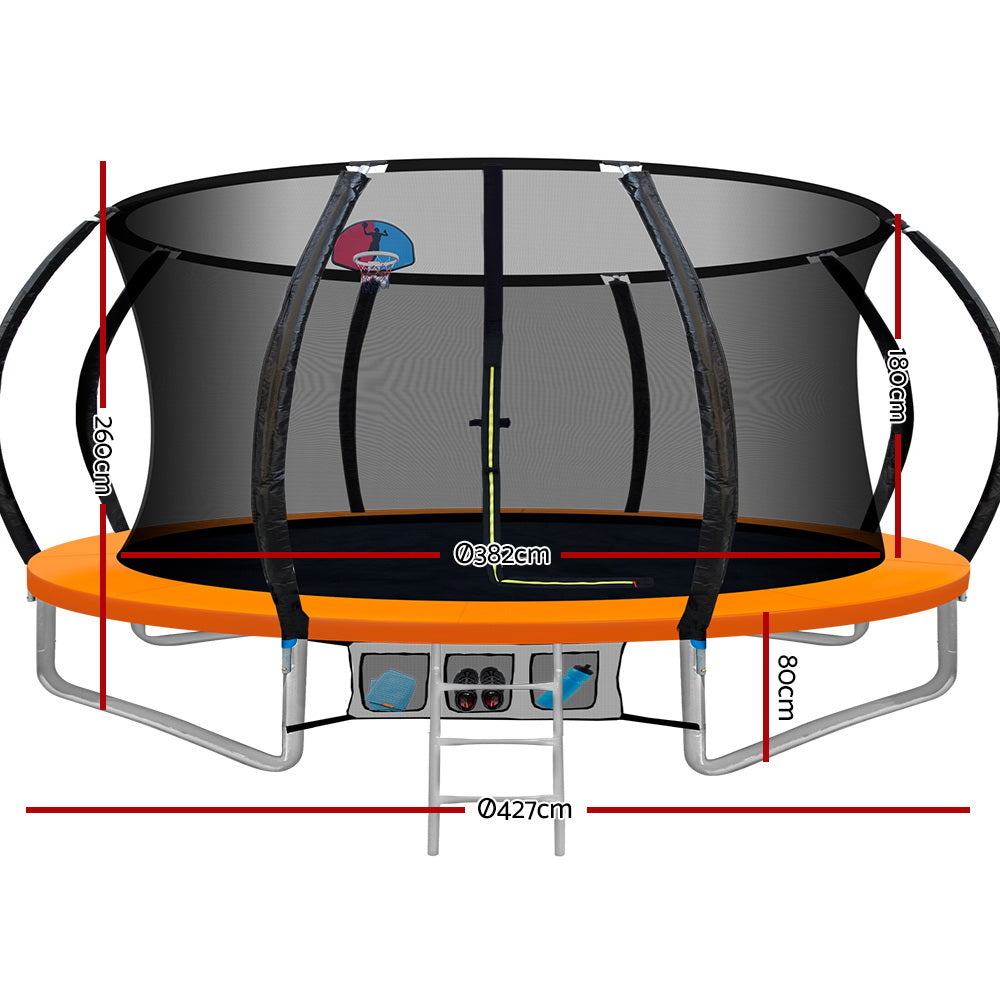 14ft Trampoline Everfit Kids Trampoline Rebounder w/ Ladder Basketball Hoop Orange-Sports &amp; Fitness > Trampolines > Trampolines &amp; Accessories-PEROZ Accessories