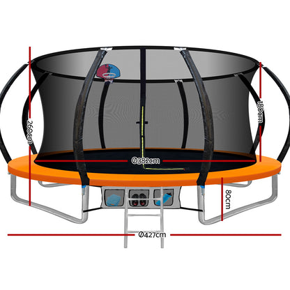 14ft Trampoline Everfit Kids Trampoline Rebounder w/ Ladder Basketball Hoop Orange-Sports &amp; Fitness > Trampolines > Trampolines &amp; Accessories-PEROZ Accessories