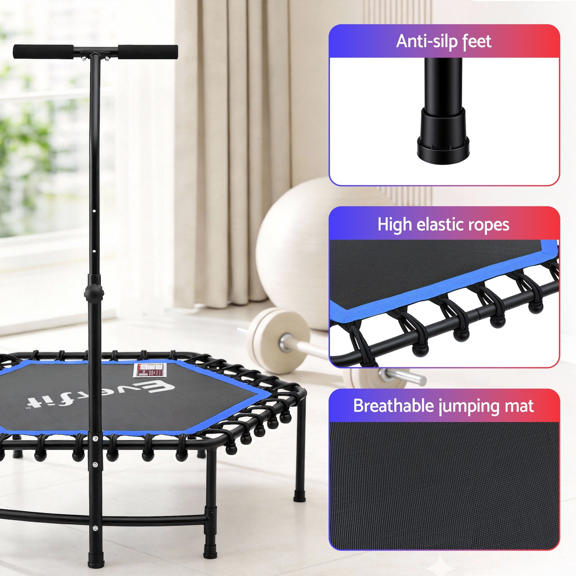 Everfit 48inch Hexagon Fitness Trampoline Rebounder Adjustable Handrail Blue-Sports &amp; Fitness > Trampolines > Trampolines &amp; Accessories-PEROZ Accessories