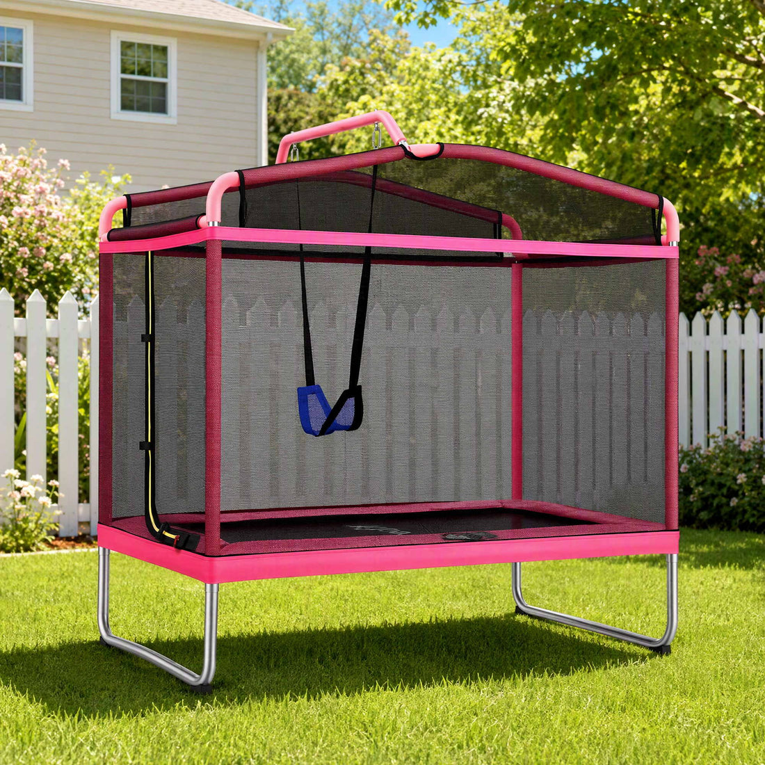 Everfit 3-in-1 Kids Rectangle 6FT Trampoline Rebounder with Swing Belt Pink-Sports &amp; Fitness > Trampolines > Trampolines &amp; Accessories-PEROZ Accessories