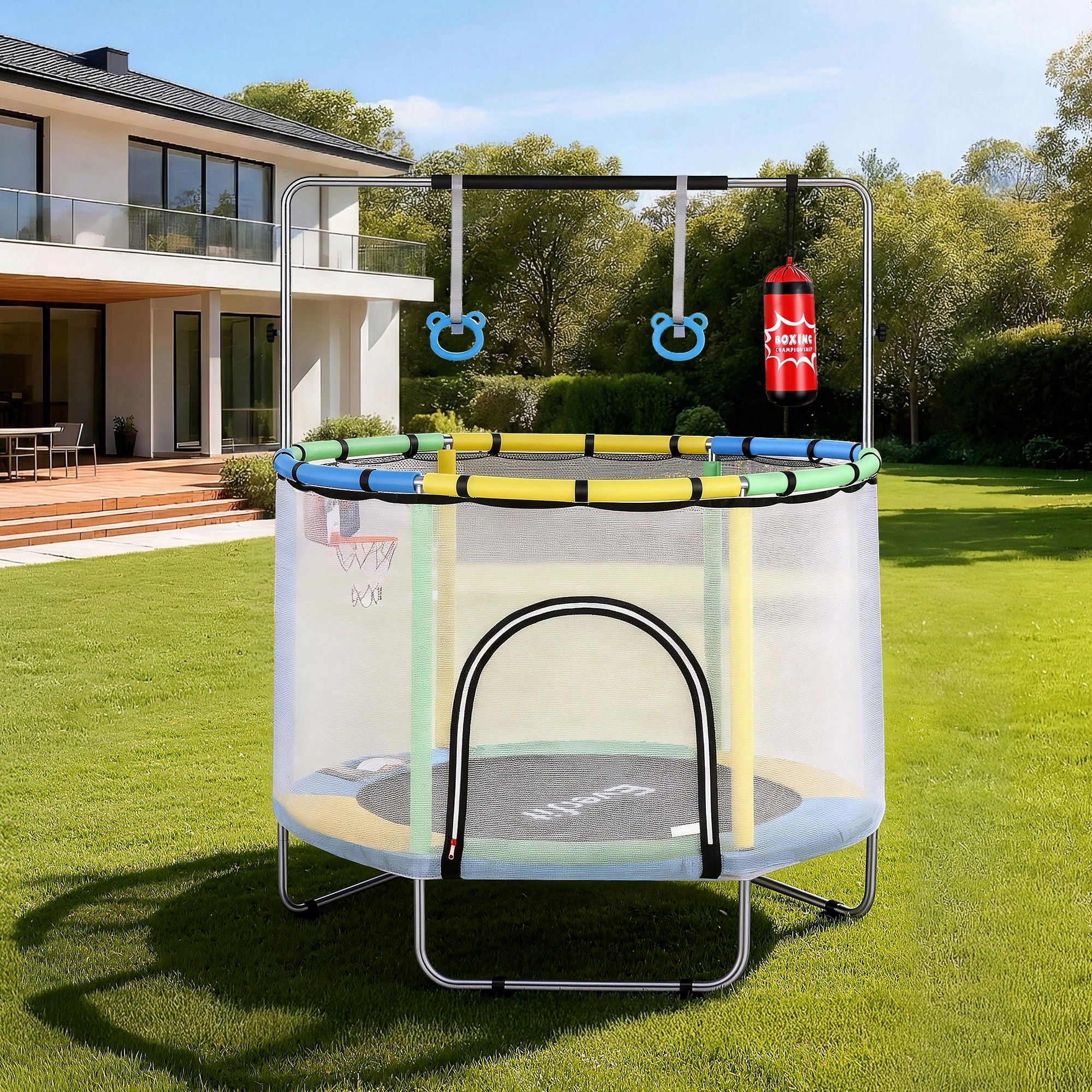 Everfit 55inch Trampoline Kids Rebounder with Basketball Set Sandbag Boxing Game-Sports &amp; Fitness > Trampolines > Trampolines &amp; Accessories-PEROZ Accessories