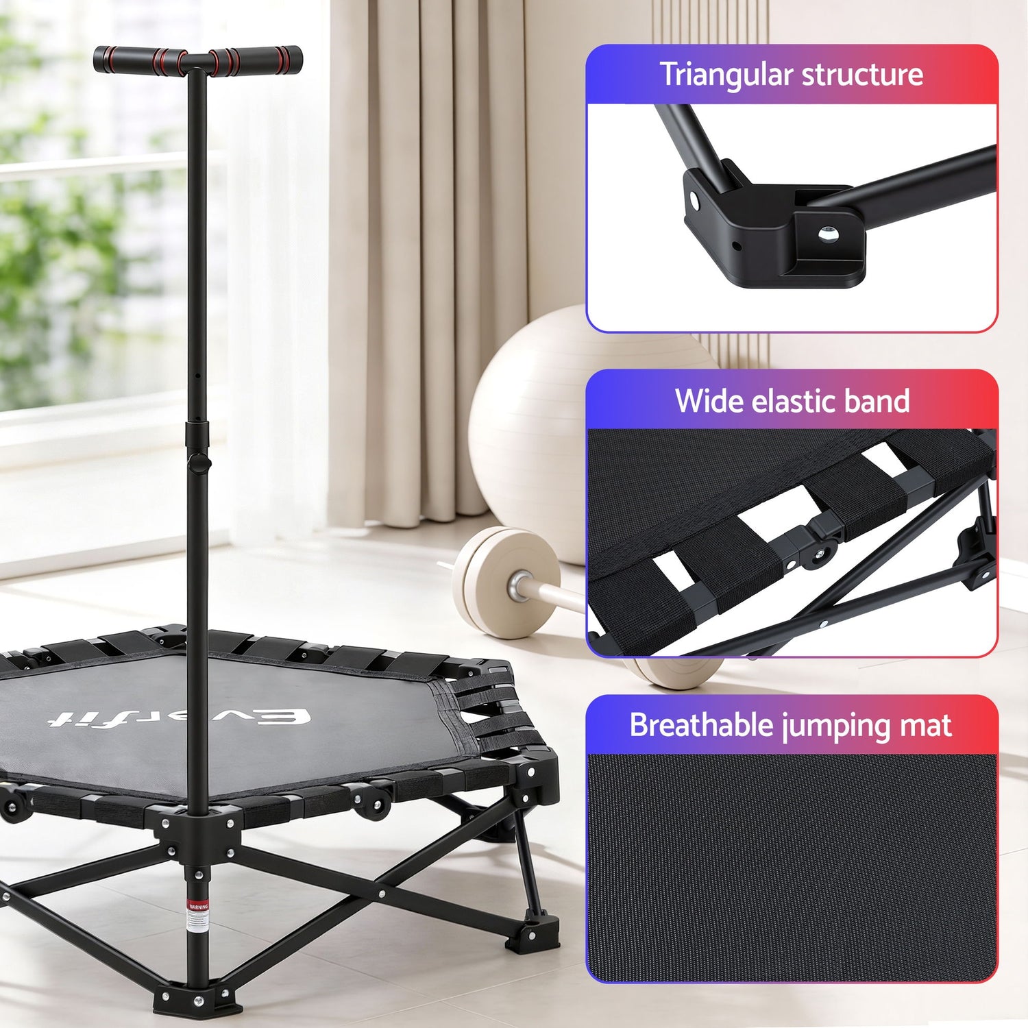 Everfit Fitness Foldable Trampoline Rebounder Adjustable Handle Indoor Exercise Black-Sports &amp; Fitness > Trampolines > Trampolines &amp; Accessories-PEROZ Accessories