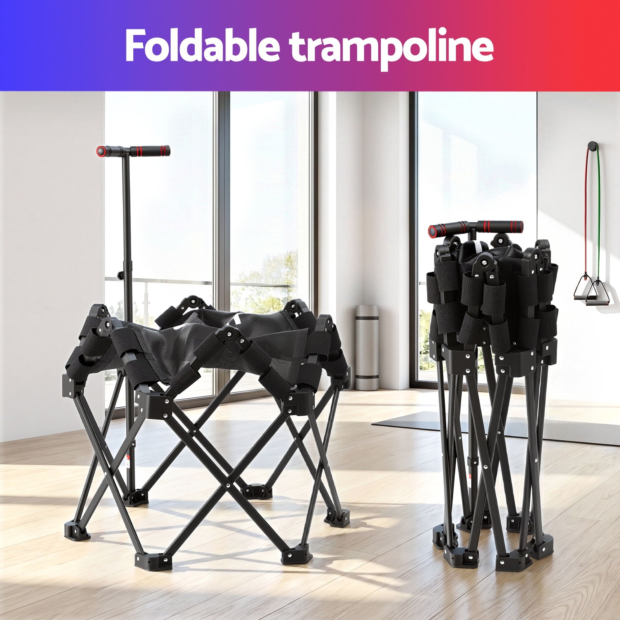 Everfit Fitness Foldable Trampoline Rebounder Adjustable Handle Indoor Exercise Black-Sports &amp; Fitness > Trampolines > Trampolines &amp; Accessories-PEROZ Accessories