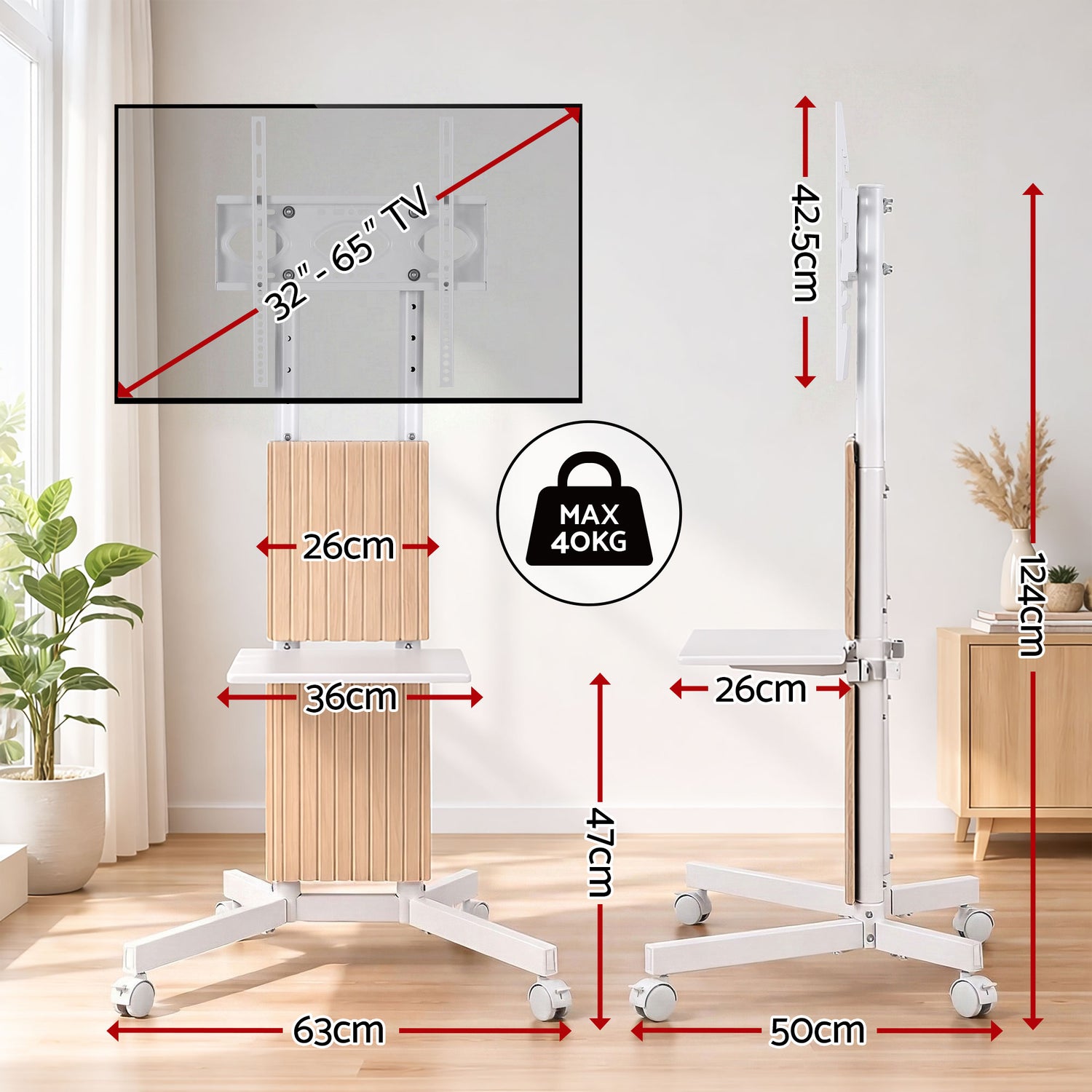 Artiss Mobile TV Floor Stand for 32-65" Mount Bracket Universal Adjustable Height with Wheels-Furniture > Living Room > TV Units-PEROZ Accessories