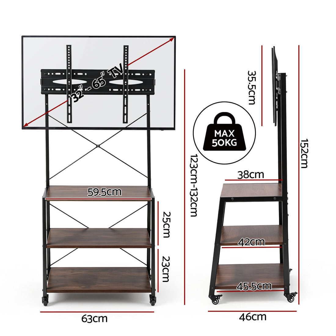 Artiss Mobile TV Stand 32-65 Inch TVs Mount 50kg with 3 MDF Shelves Lockable Wheels Adjustable Feet-Audio &amp; Video > Projectors &amp; Accessories > Screens &amp; Stands-PEROZ Accessories