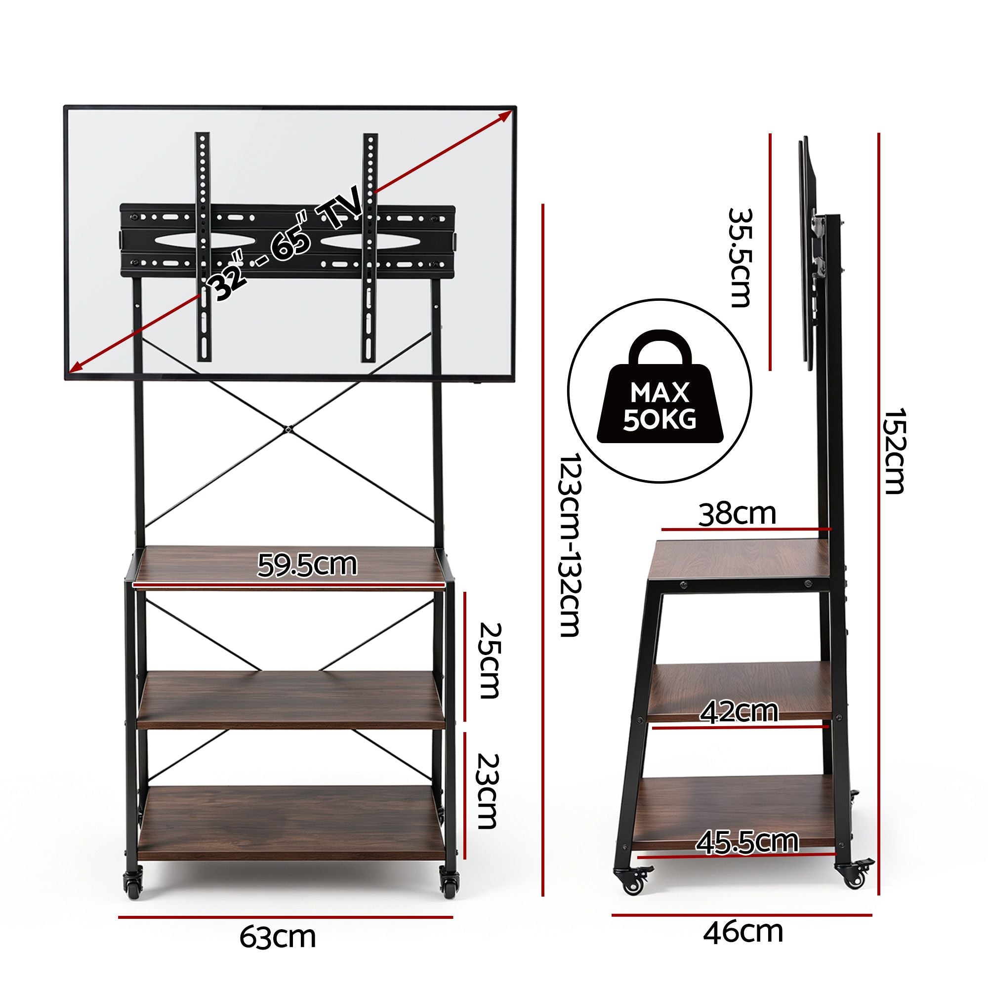Artiss Mobile TV Stand 32-65 Inch TVs Mount 50kg with 3 MDF Shelves Lockable Wheels Adjustable Feet