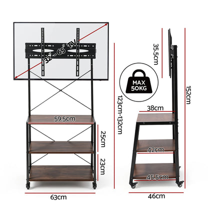 Artiss Mobile TV Stand 32-65 Inch TVs Mount 50kg with 3 MDF Shelves Lockable Wheels Adjustable Feet