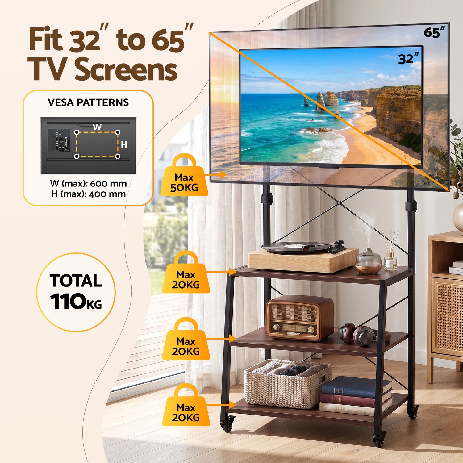 Artiss Mobile TV Stand 32-65 Inch TVs Mount 50kg with 3 MDF Shelves Lockable Wheels Adjustable Feet