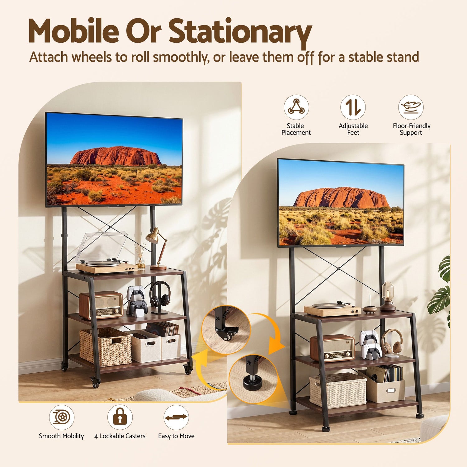Artiss Mobile TV Stand 32-65 Inch TVs Mount 50kg with 3 MDF Shelves Lockable Wheels Adjustable Feet