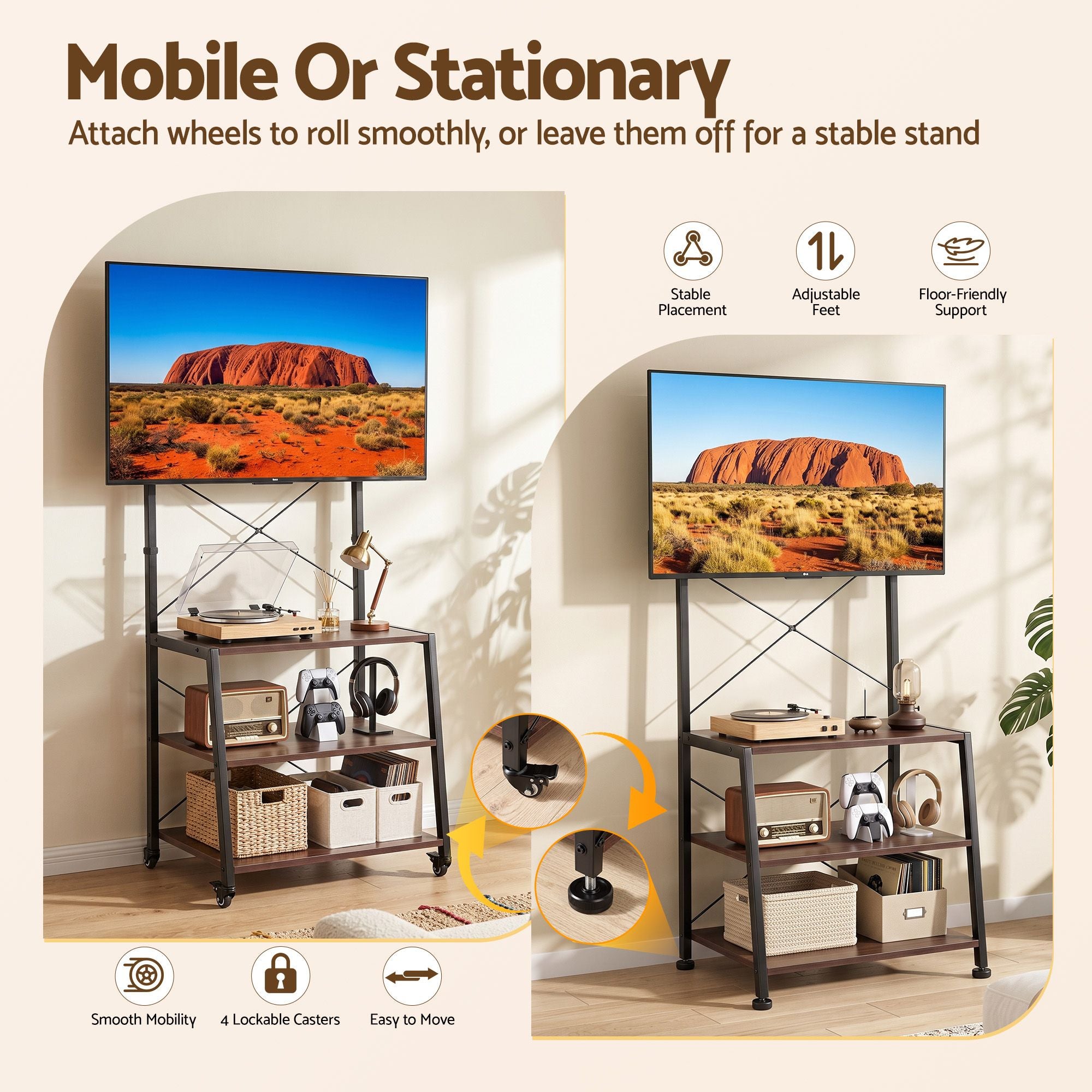 Artiss Mobile TV Stand 32-65 Inch TVs Mount 50kg with 3 MDF Shelves Lockable Wheels Adjustable Feet