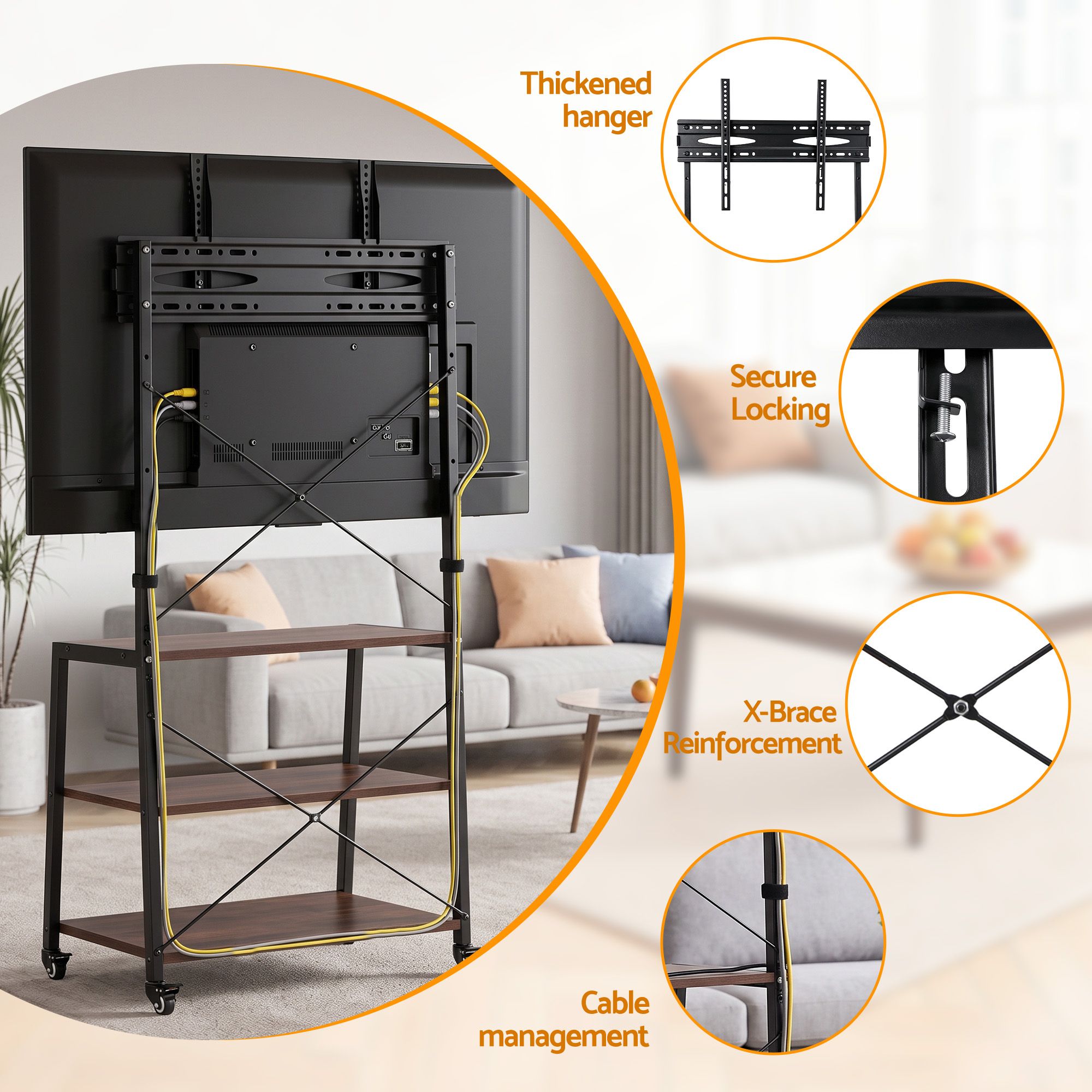 Artiss Mobile TV Stand 32-65 Inch TVs Mount 50kg with 3 MDF Shelves Lockable Wheels Adjustable Feet