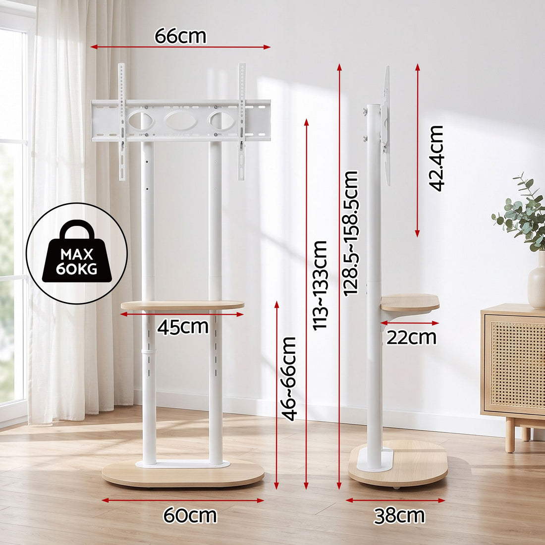 Artiss Mobile TV Floor Stand 40-75" Bracket Universal Adjustable Shelves Wheels-Appliances > TV > TVs &amp; Accessories-PEROZ Accessories