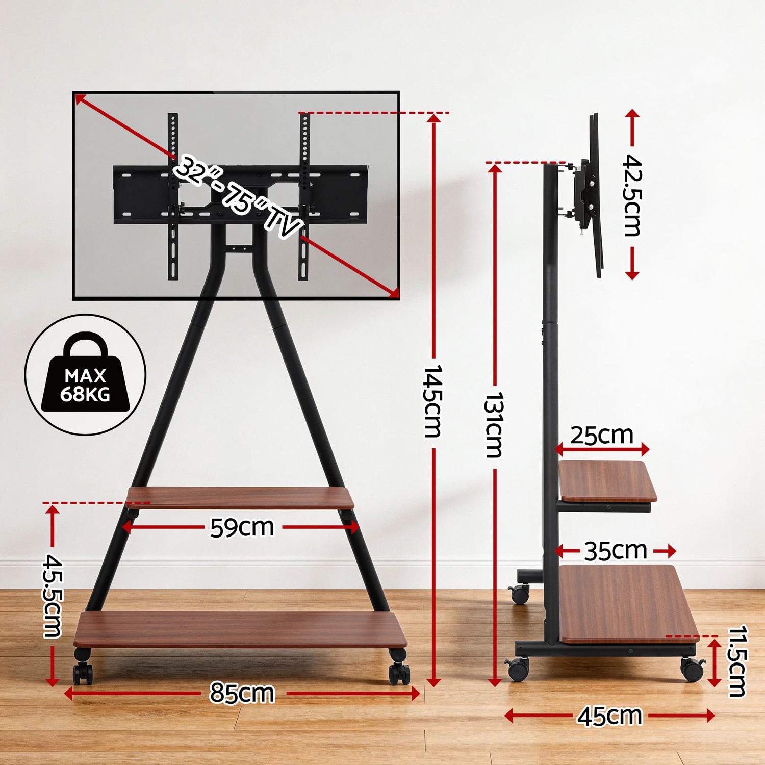 Artiss Mobile TV Stand Rolling Cart Wheels 32-75" Heavy Duty 133kg Mount Bracket-Furniture > Living Room > TV Units-PEROZ Accessories