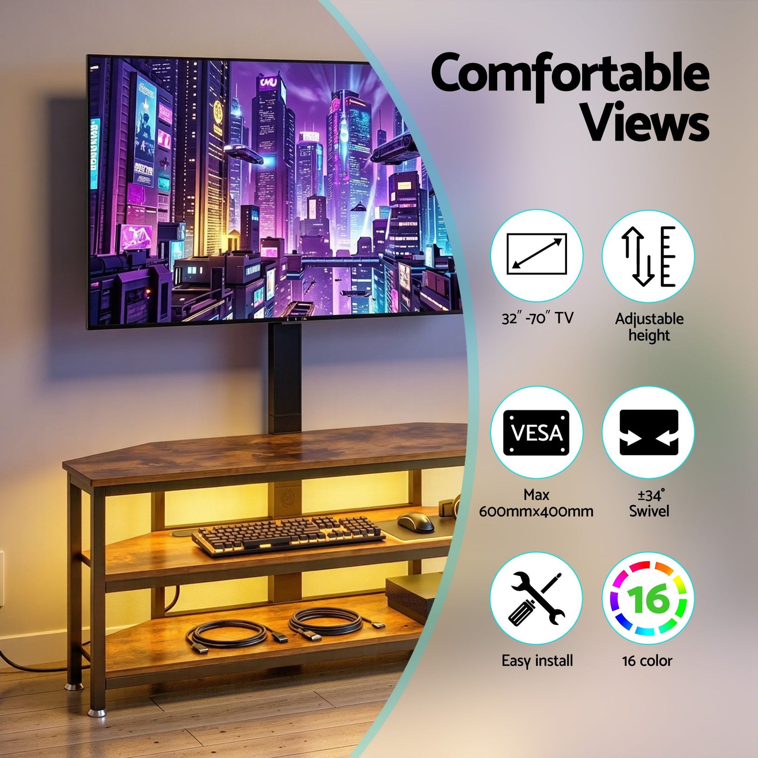 Artiss Corner TV Stand 32-70" w/ Mount LED Lights &amp; Power Outlet Space Saving-Furniture > Living Room > TV Units-PEROZ Accessories