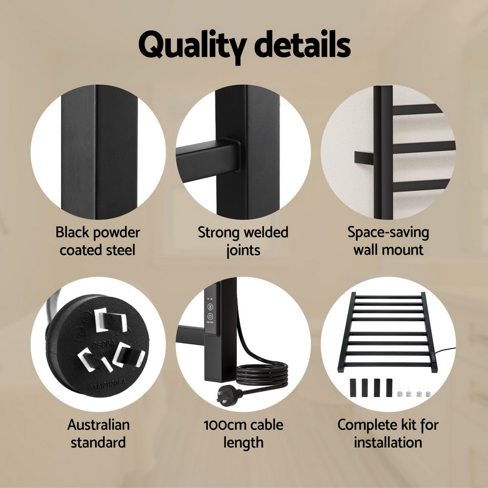 Devanti Heated Towel Rail 8 Square Bars with Timer Electric Heater Warmer Rack-Home &amp; Garden &gt; Bathroom Accessories &gt; Towel Racks &amp; Holders-PEROZ Accessories