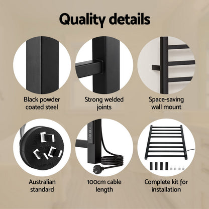 Devanti Heated Towel Rail 8 Square Bars with Timer Electric Heater Warmer Rack-Home &amp; Garden &gt; Bathroom Accessories &gt; Towel Racks &amp; Holders-PEROZ Accessories