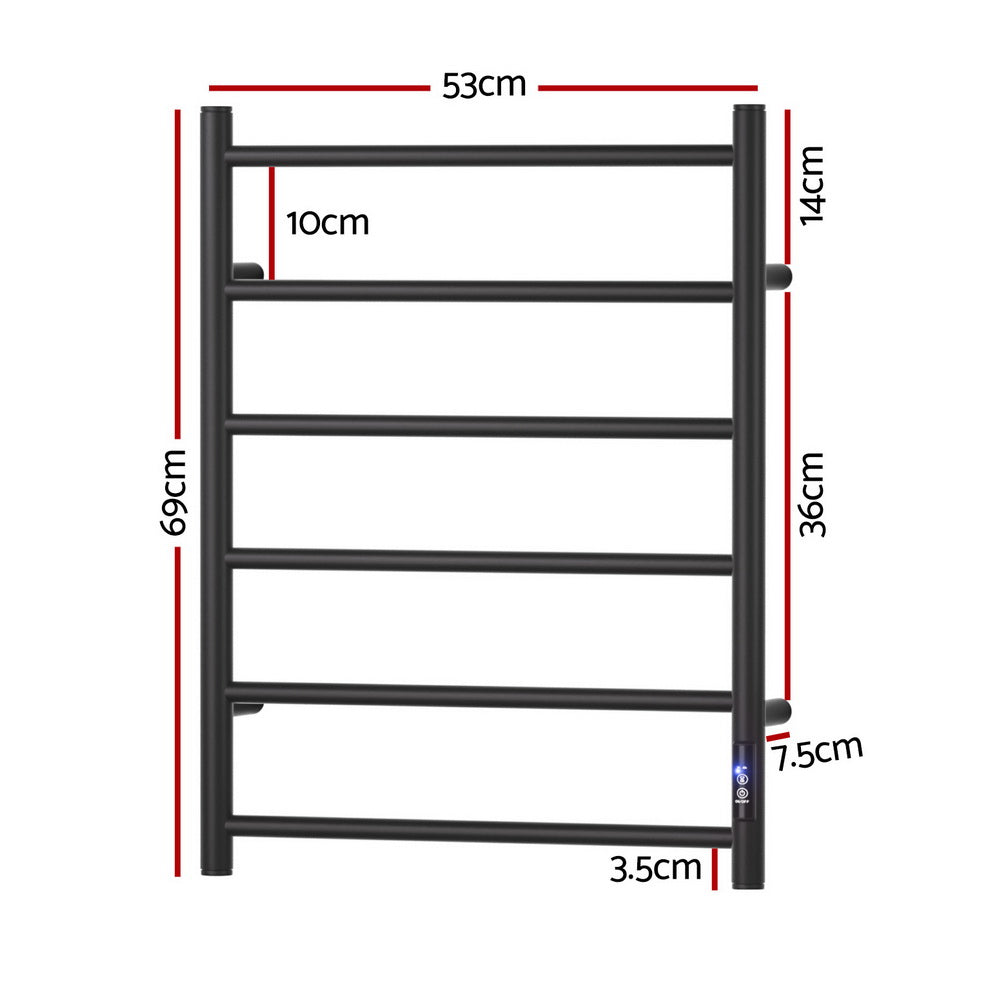 Devanti Heated Towel Rail 6 Round Bars with Timer Electric Heater Warmer Rack-Home &amp; Garden &gt; Bathroom Accessories &gt; Towel Racks &amp; Holders-PEROZ Accessories