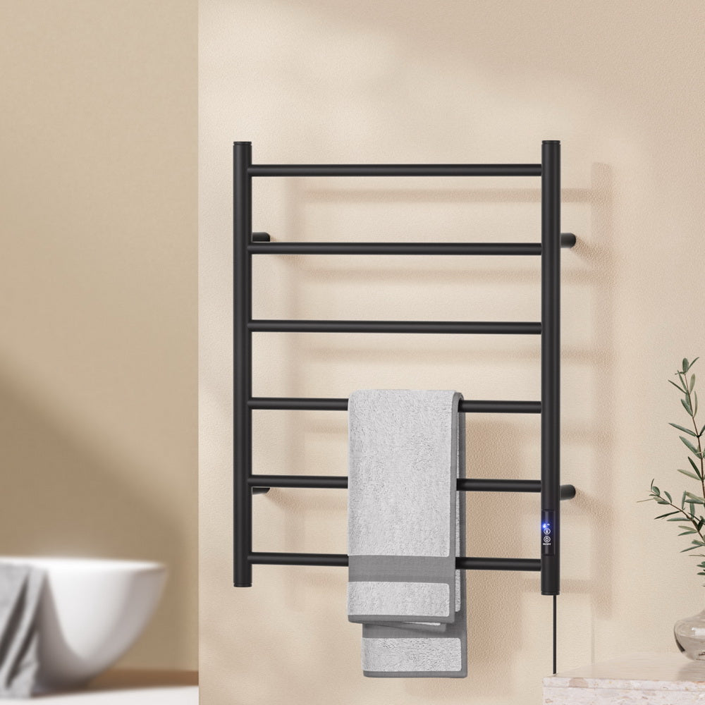 Devanti Heated Towel Rail 6 Round Bars with Timer Electric Heater Warmer Rack-Home &amp; Garden &gt; Bathroom Accessories &gt; Towel Racks &amp; Holders-PEROZ Accessories