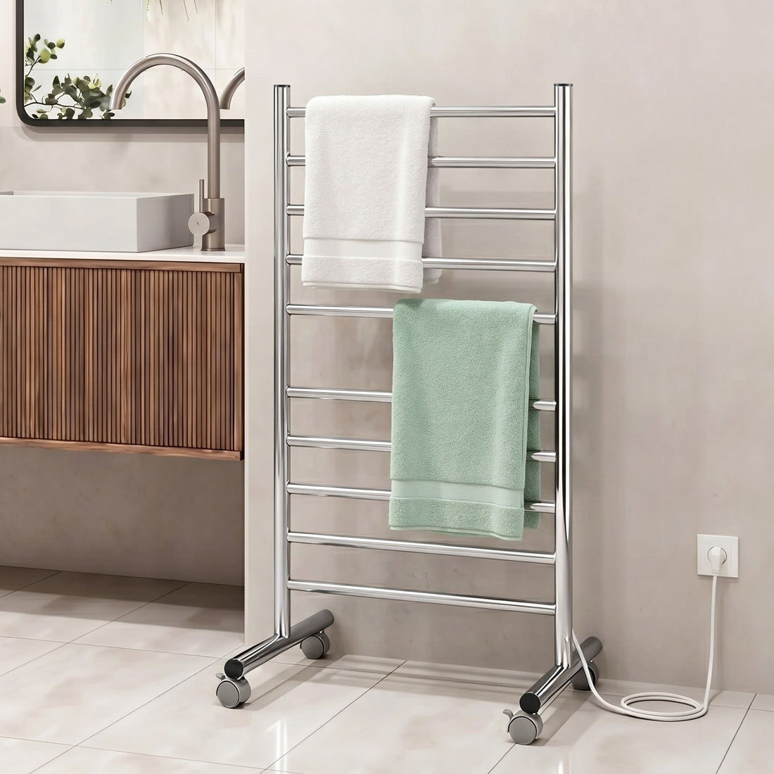Devanti 10-Bar Freestanding Heated Towel Rail 3-5 Mins Fast Heating Electric Towel Warmer for Bathroom Winter Drying Stainless Steel Plug In 100W-Home &amp; Garden > Bathroom Accessories > Towel Racks &amp; Holders-PEROZ Accessories