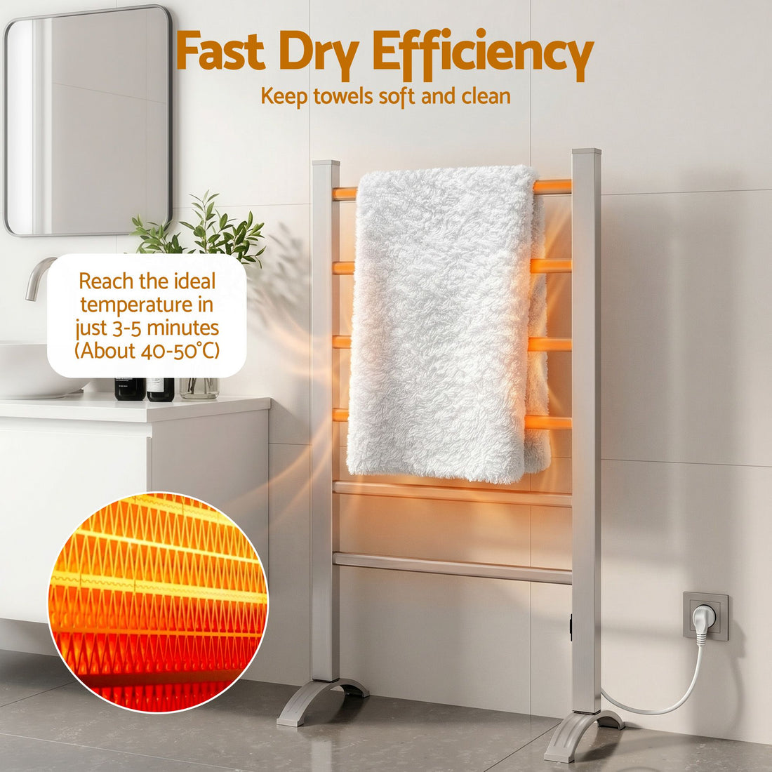 Devanti Electric Heated Towel Rail Rack 6 Bars Freestanding Clothes Dry Warmer-Heated Towel Rails-PEROZ Accessories