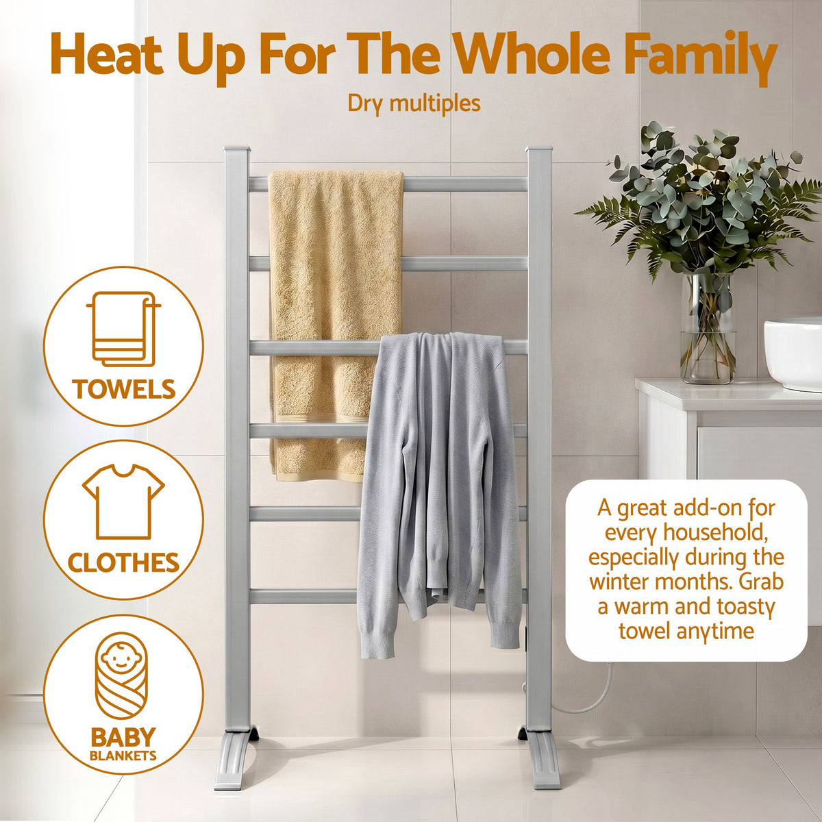Devanti Electric Heated Towel Rail Rack 6 Bars Freestanding Clothes Dry Warmer-Heated Towel Rails-PEROZ Accessories