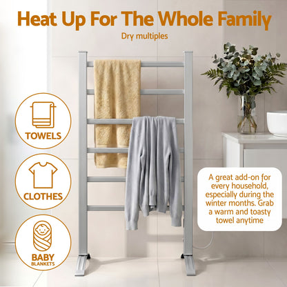 Devanti Electric Heated Towel Rail Rack 6 Bars Freestanding Clothes Dry Warmer-Heated Towel Rails-PEROZ Accessories