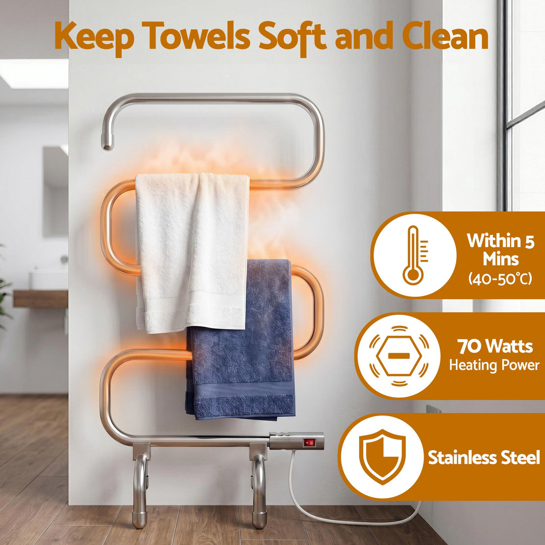 Devanti Electric Heated Towel Rail Rack 5 Bars Freestanding Clothes Dry Warmer-Heated Towel Rails-PEROZ Accessories
