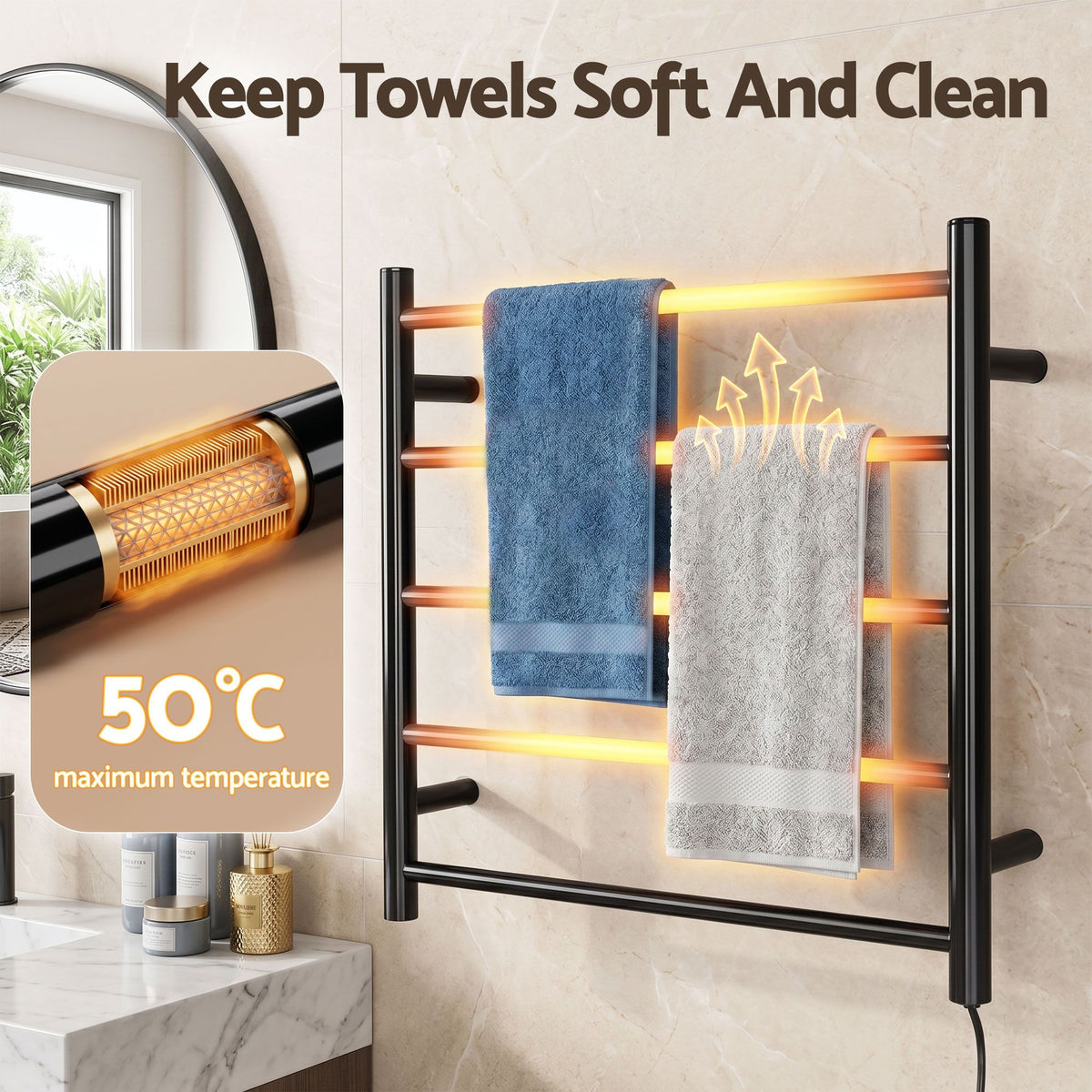 Devanti Electric Heated Towel Rail Rack 5 Bars Wall Mounted Clothes Dry Warmer-Heated Towel Rails-PEROZ Accessories