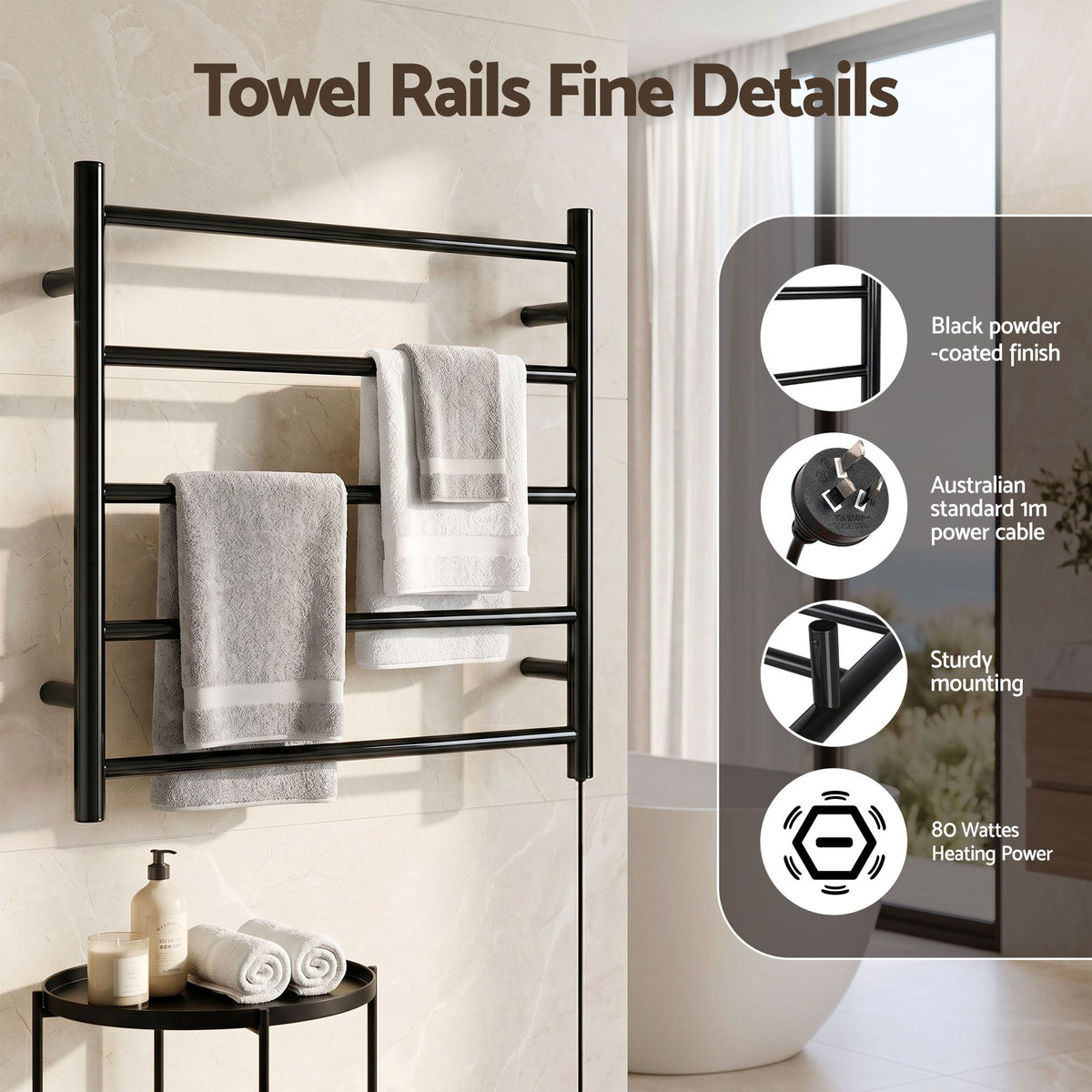Devanti Electric Heated Towel Rail Rack 5 Bars Wall Mounted Clothes Dry Warmer-Heated Towel Rails-PEROZ Accessories