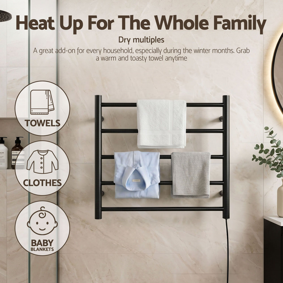 Devanti Electric Heated Towel Rail Rack 5 Bars Wall Mounted Clothes Dry Warmer-Heated Towel Rails-PEROZ Accessories