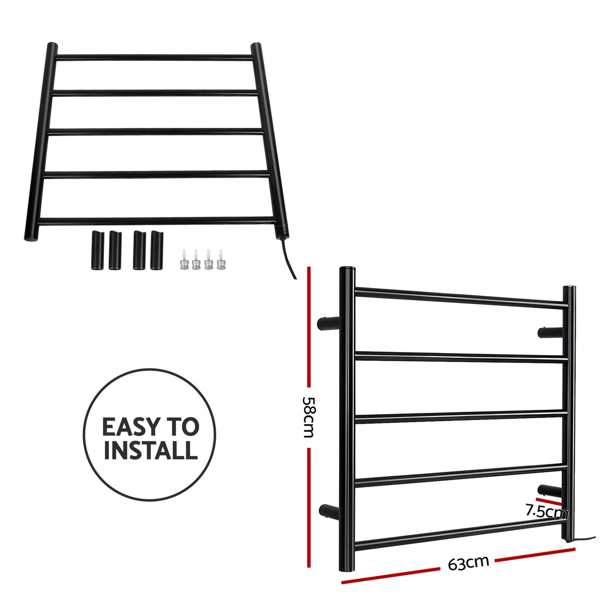 Devanti Electric Heated Towel Rail Rack 5 Bars Wall Mounted Clothes Dry Warmer-Heated Towel Rails-PEROZ Accessories
