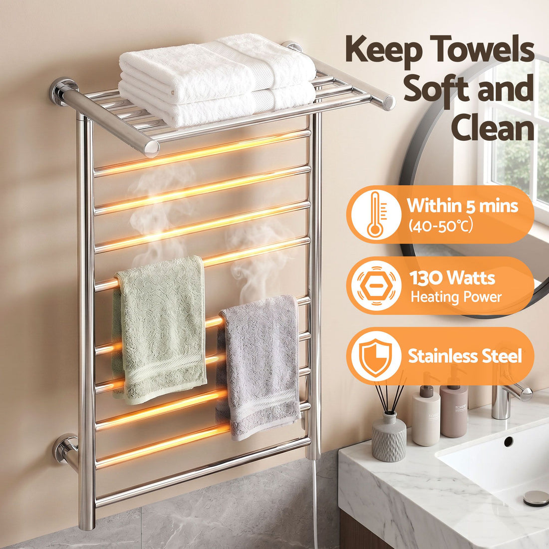 Devanti Electric Heated Towel Rail Rack 14 Bars Wall Mounted Clothes Dry Warmer-Heated Towel Rails-PEROZ Accessories