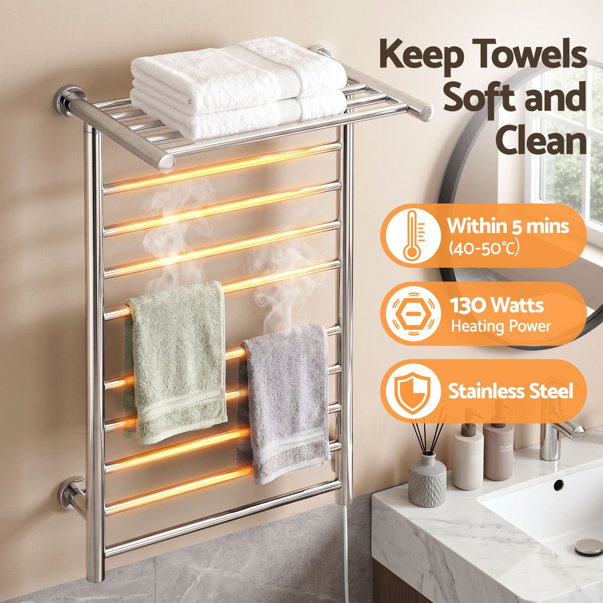 Devanti Electric Heated Towel Rail Rack 14 Bars Wall Mounted Clothes Dry Warmer-Heated Towel Rails-PEROZ Accessories