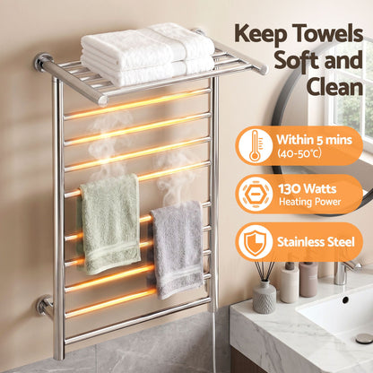 Devanti Electric Heated Towel Rail Rack 14 Bars Wall Mounted Clothes Dry Warmer-Heated Towel Rails-PEROZ Accessories