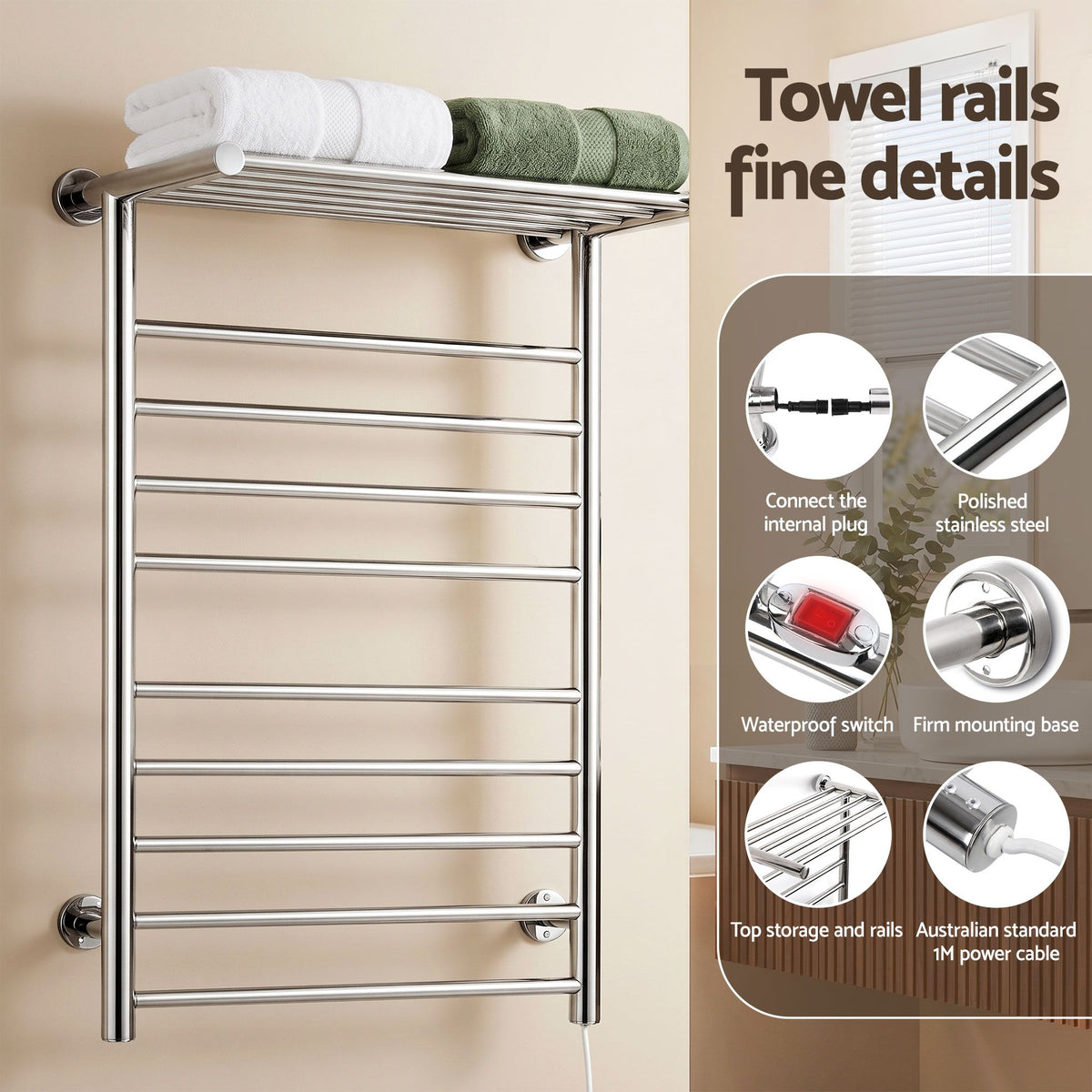 Devanti Electric Heated Towel Rail Rack 14 Bars Wall Mounted Clothes Dry Warmer-Heated Towel Rails-PEROZ Accessories