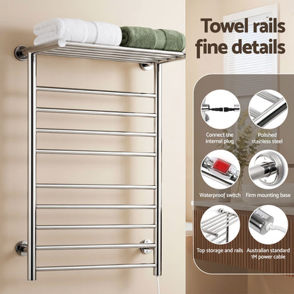 Devanti Electric Heated Towel Rail Rack 14 Bars Wall Mounted Clothes Dry Warmer-Heated Towel Rails-PEROZ Accessories