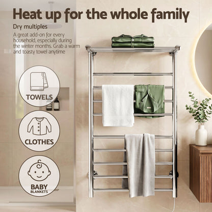 Devanti Electric Heated Towel Rail Rack 14 Bars Wall Mounted Clothes Dry Warmer-Heated Towel Rails-PEROZ Accessories