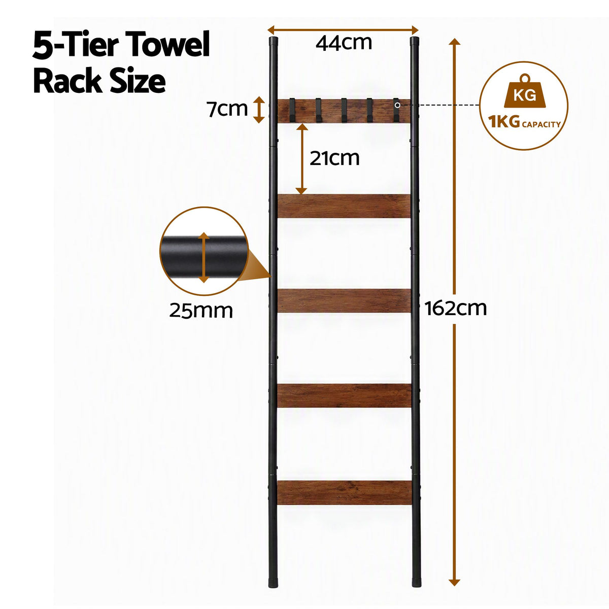 Devanti 5-Tier Blanket Ladder with Anti-Tip Kit, Towel Rack for Bathroom, Quilt Rack with 5 Hooks for Clothes and Bags, Black Metal and Rustic Wood Leaning Ladder Shelf, 44x160cm-Home &amp; Garden > Bathroom Accessories > Towel Racks &amp; Holders-PEROZ Accessories