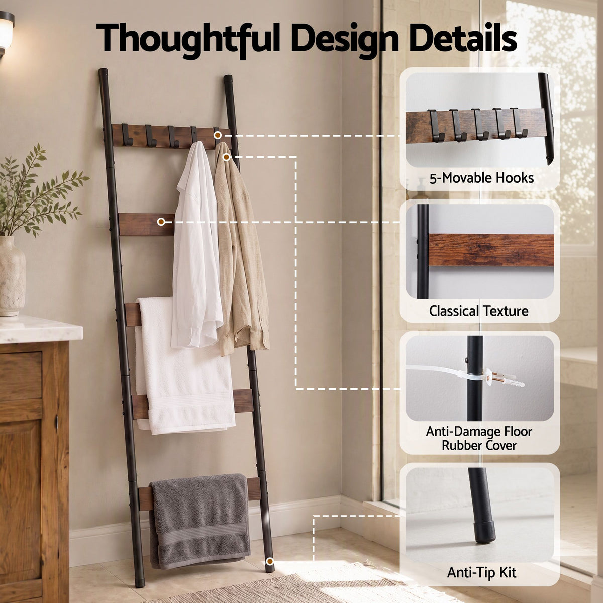 Devanti 5-Tier Blanket Ladder with Anti-Tip Kit, Towel Rack for Bathroom, Quilt Rack with 5 Hooks for Clothes and Bags, Black Metal and Rustic Wood Leaning Ladder Shelf, 44x160cm-Home &amp; Garden > Bathroom Accessories > Towel Racks &amp; Holders-PEROZ Accessories