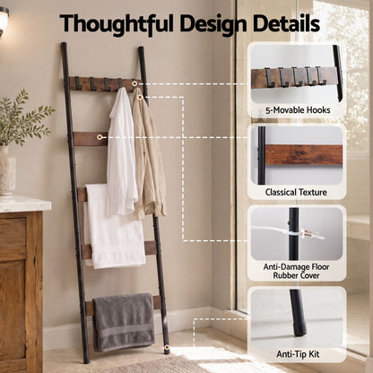 Devanti 5-Tier Blanket Ladder with Anti-Tip Kit, Towel Rack for Bathroom, Quilt Rack with 5 Hooks for Clothes and Bags, Black Metal and Rustic Wood Leaning Ladder Shelf, 44x160cm-Home &amp; Garden > Bathroom Accessories > Towel Racks &amp; Holders-PEROZ Accessories