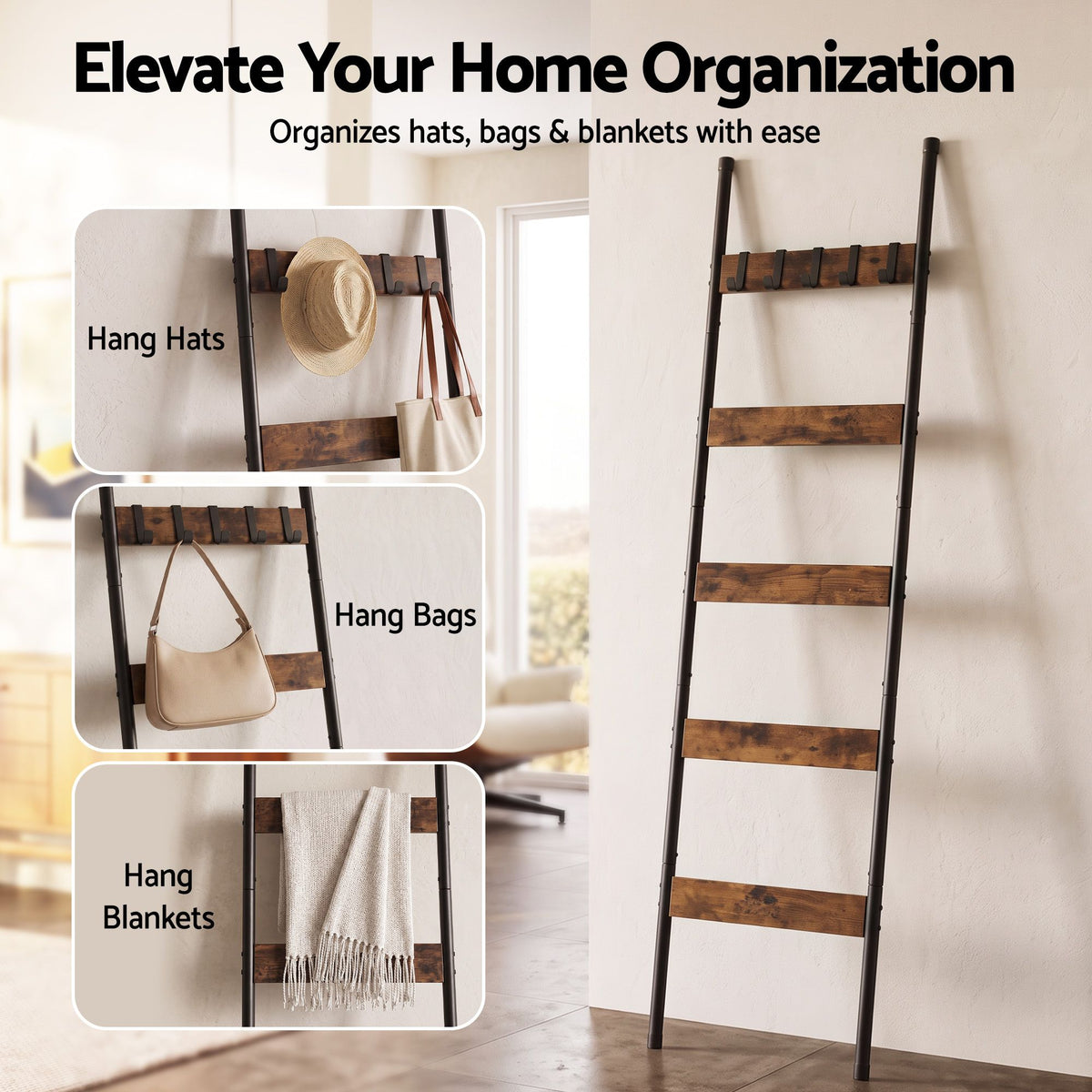 Devanti 5-Tier Blanket Ladder with Anti-Tip Kit, Towel Rack for Bathroom, Quilt Rack with 5 Hooks for Clothes and Bags, Black Metal and Rustic Wood Leaning Ladder Shelf, 44x160cm-Home &amp; Garden > Bathroom Accessories > Towel Racks &amp; Holders-PEROZ Accessories