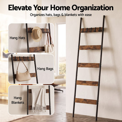 Devanti 5-Tier Blanket Ladder with Anti-Tip Kit, Towel Rack for Bathroom, Quilt Rack with 5 Hooks for Clothes and Bags, Black Metal and Rustic Wood Leaning Ladder Shelf, 44x160cm-Home &amp; Garden > Bathroom Accessories > Towel Racks &amp; Holders-PEROZ Accessories