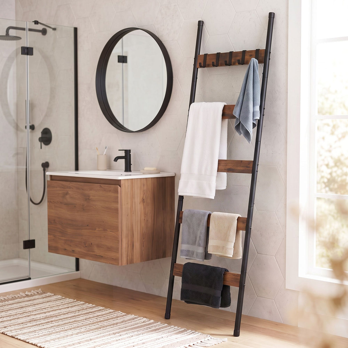 Devanti 5-Tier Blanket Ladder with Anti-Tip Kit, Towel Rack for Bathroom, Quilt Rack with 5 Hooks for Clothes and Bags, Black Metal and Rustic Wood Leaning Ladder Shelf, 44x160cm-Home &amp; Garden > Bathroom Accessories > Towel Racks &amp; Holders-PEROZ Accessories
