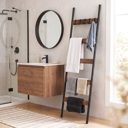 Devanti 5-Tier Blanket Ladder with Anti-Tip Kit, Towel Rack for Bathroom, Quilt Rack with 5 Hooks for Clothes and Bags, Black Metal and Rustic Wood Leaning Ladder Shelf, 44x160cm-Home &amp; Garden > Bathroom Accessories > Towel Racks &amp; Holders-PEROZ Accessories