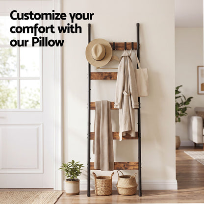 Devanti 5-Tier Blanket Ladder with Anti-Tip Kit, Towel Rack for Bathroom, Quilt Rack with 5 Hooks for Clothes and Bags, Black Metal and Rustic Wood Leaning Ladder Shelf, 44x160cm-Home &amp; Garden > Bathroom Accessories > Towel Racks &amp; Holders-PEROZ Accessories