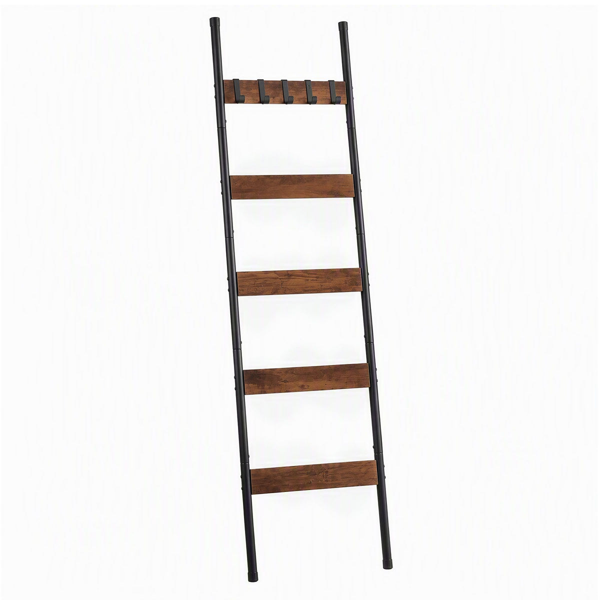 Devanti 5-Tier Blanket Ladder with Anti-Tip Kit, Towel Rack for Bathroom, Quilt Rack with 5 Hooks for Clothes and Bags, Black Metal and Rustic Wood Leaning Ladder Shelf, 44x160cm-Home &amp; Garden > Bathroom Accessories > Towel Racks &amp; Holders-PEROZ Accessories