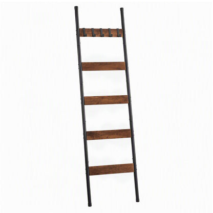 Devanti 5-Tier Blanket Ladder with Anti-Tip Kit, Towel Rack for Bathroom, Quilt Rack with 5 Hooks for Clothes and Bags, Black Metal and Rustic Wood Leaning Ladder Shelf, 44x160cm-Home &amp; Garden > Bathroom Accessories > Towel Racks &amp; Holders-PEROZ Accessories