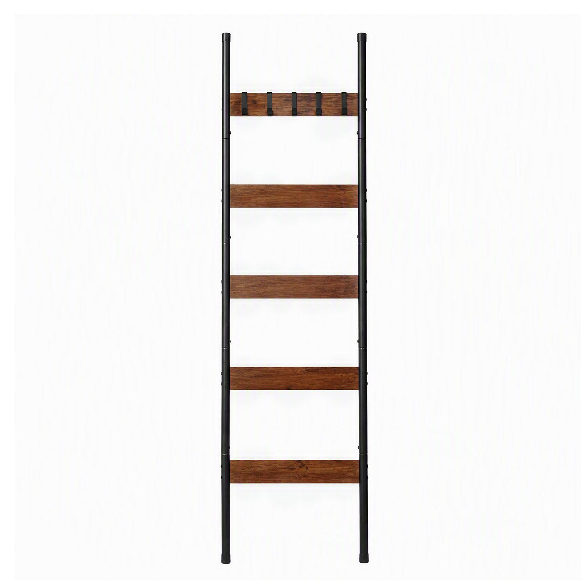 Devanti 5-Tier Blanket Ladder with Anti-Tip Kit, Towel Rack for Bathroom, Quilt Rack with 5 Hooks for Clothes and Bags, Black Metal and Rustic Wood Leaning Ladder Shelf, 44x160cm-Home &amp; Garden > Bathroom Accessories > Towel Racks &amp; Holders-PEROZ Accessories
