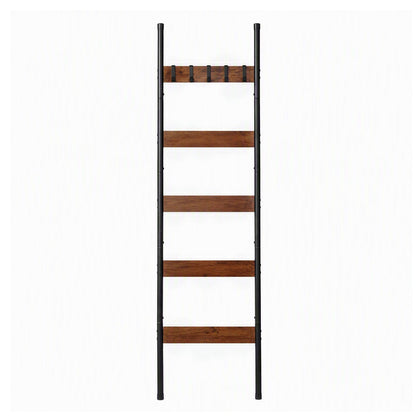 Devanti 5-Tier Blanket Ladder with Anti-Tip Kit, Towel Rack for Bathroom, Quilt Rack with 5 Hooks for Clothes and Bags, Black Metal and Rustic Wood Leaning Ladder Shelf, 44x160cm-Home &amp; Garden > Bathroom Accessories > Towel Racks &amp; Holders-PEROZ Accessories