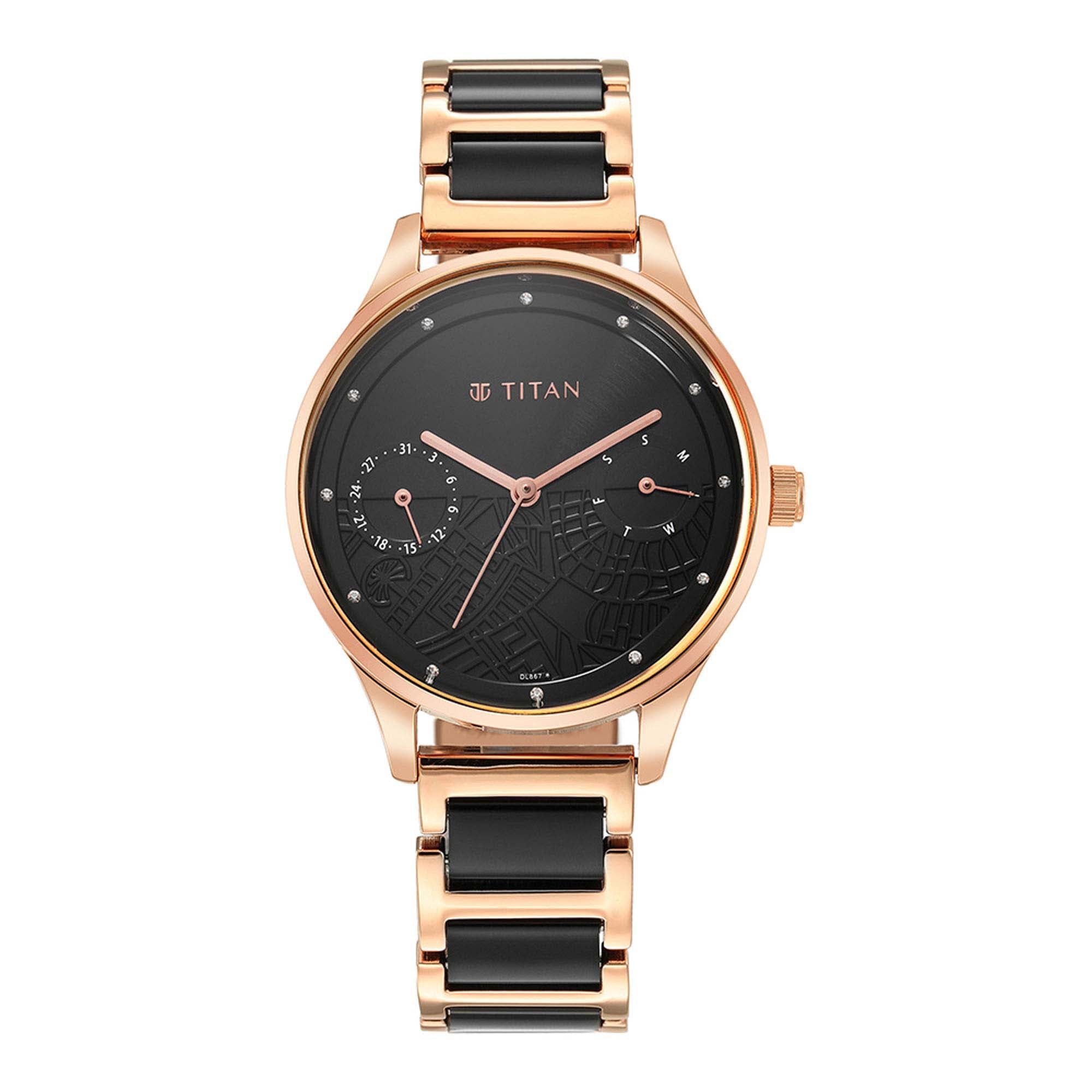 Titan Purple Acetate Black Dial Analogue with Day and Date Metal and Acetate Strap Watch for Women-PEROZ Accessories